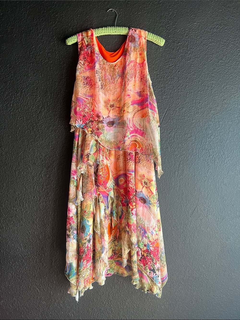 Vintage Y2K Orange & Pink Layered 100% Silk Midi Dress